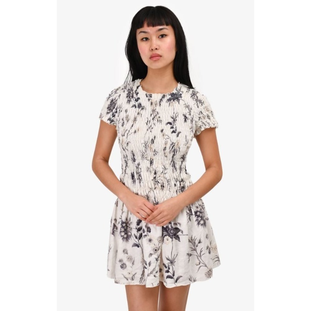 SIR. The Label Smocked Floral Mini Dress Cream Black Linen Women's 3 Large